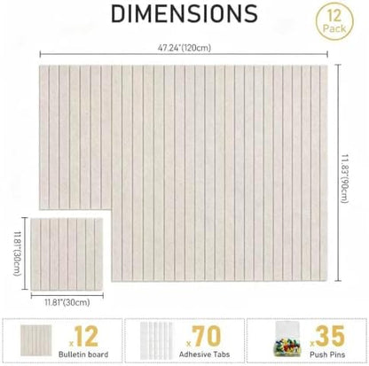 Felt Bulletin Board 48"x36" Large - Cork Board Alternative, 12-Pack Felt Wall Tiles with 70 Adhesive Tabs & 35 Pushpins, Pin Board for Home Office Decor, Oatmeal