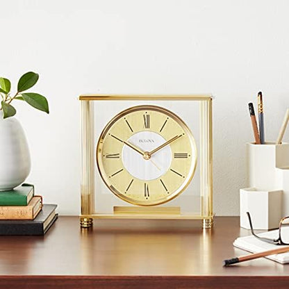 Bulova B1700 Grand Prix Table Clock | Brass MetalFinish | Glass Enclosure with Two-Tone Metal Dial | Quiet Sweep | Elegant Desktop Timepiece for Offices & Collectors