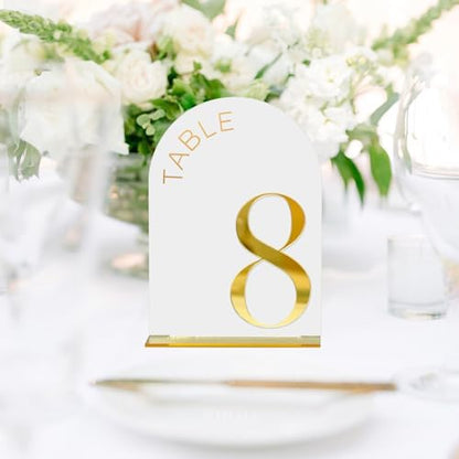 White Arch Wedding Table Numbers 1-10, Gold Numbers and Stands
