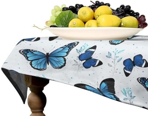 Blue Flying Butterfly Tablecloth, Vintage Celestial Butterfly Herbs Leaves Flower Print Table Cloth for Farmhouse Kitchen Party Picnic Dinner Decor 60x110in