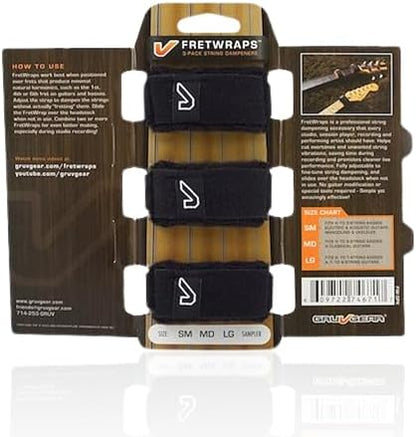 Gruv Gear Fret Wrap & Guitar Mute, Fretwrap for Acoustic, Electric & Bass | String Dampener Recording, Tapping & Practice Accessory (3 Pack, Small Black, Fits 4 String Bass, 6 String Guitar)