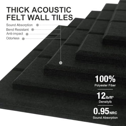 0.47" Thick Felt Wall Tiles 36"x24" Cork Board Alternative 6 Pack 11.81"x11.81"Felt Bulletin Board Pin Board with Removable Adhesive Tape&30 Pushpins for Home Office School(Bold-Black)