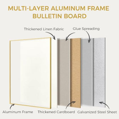 SELEAD Linen Bulletin Board 30” x 20” - Golden Aluminum Frame, Beige Fabric