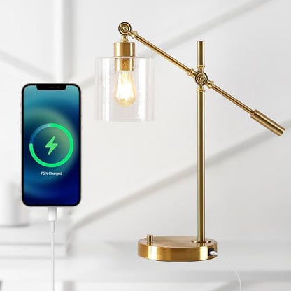 JONATHAN Y Kathryn 23" Metal Seeded Glass Modern Task Lamp, Brass Gold