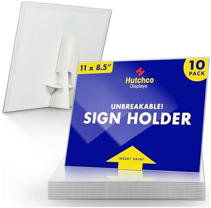 Paper Sign Holder (11 x 8.5 Inches) Plastic Countertop Display w/Shatterproof (No Acrylic) Clear Design & Cardboard Easel Back Tabletop Slant Support for Stackable Lightweight Portable by Hutchco