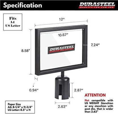 DuraSteel Stanchion Sign Holder - Landscape Display for 8.5" x 11" Paper Size - Double Sided Sign Frame with Plexiglass Cover - NOT Fit with US Weigh Sentry Stanchion - Crowd Control & Queue Barrier