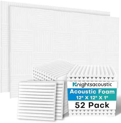 52 Pack Acoustic Foam Panels, 1 X 12 X 12 Inches Sound Proof Foam Panels for Walls, High Density Acoustic Panels Sound Absorbing, White Noise Cancelling Studio Wedges (NOT INCLUDE ADHESIVE)