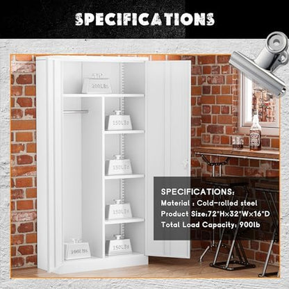 Greenvelly Metal Storage Cabinet with 2 Doors, White 72” Steel Storage Wardrobe Cabinet, Employees Locker Closet Clothing Coat Steel Wardrobe Cabinet with Hanging Rod for Garage, Gym, Home Office