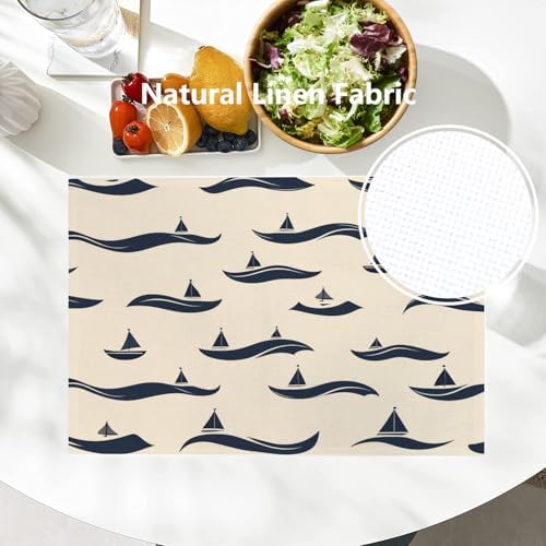 Batmerry Maritime Ocean Linen Placemats Set of 6, Nautical Sailing Washable Table Mats for Kitchen Table Thickened Heat Insulation Dining Set Indoor Outdoor 12X18 in