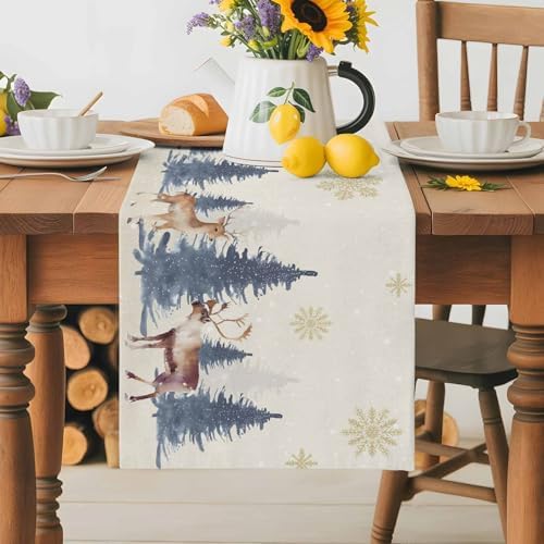 Christmas Table Runner Dresser Scarf 13 x 36 Inch Vintage PineTree Forest Elk Glod Snowflakes Linen Table Runners Non-Slip Heat Resistant Kitchen Dining Table Decor for Home Holidays Indoor Outdoor