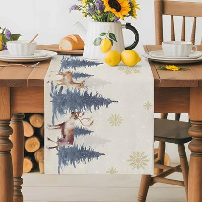 Christmas Table Runner Dresser Scarf 13 x 36 Inch Vintage PineTree Forest Elk Glod Snowflakes Linen Table Runners Non-Slip Heat Resistant Kitchen Dining Table Decor for Home Holidays Indoor Outdoor