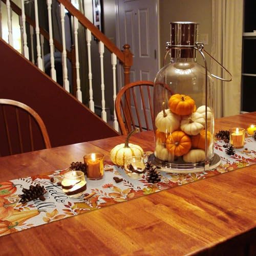 Fall Pumpkin Table Runner Dresser Scarf 16 x 72 Inch Harvest Orange Maple Leaves Table Runners Non-Slip Heat Resistant Kitchen Dining Table Decor for Autumn Thanksgiving Holidays Indoor Outdoor