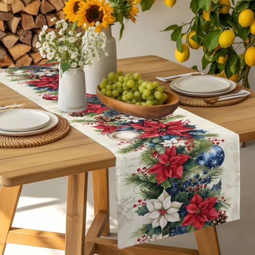 Christmas Poinsettia Table Runner Dresser Scarf 13 x 36 Inch Red Flower Holly Berries Xmas Ball Beige Table Runners Non-Slip Heat Resistant Kitchen Dining Table Decor for Home Holidays Indoor Outdoor