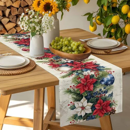 Christmas Poinsettia Table Runner Dresser Scarf 13 x 36 Inch Red Flower Holly Berries Xmas Ball Beige Table Runners Non-Slip Heat Resistant Kitchen Dining Table Decor for Home Holidays Indoor Outdoor