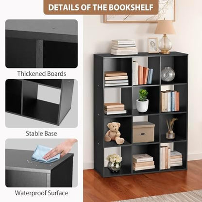 12 Cube Storage Organizer, Storage Shelf Organizer Bookshelf with Open Back, Open Shelf Bookcase, Wood Cubby Closet Cabinet Display Unit with 6 Removable Back Panels for Living Room Bedroom, Black
