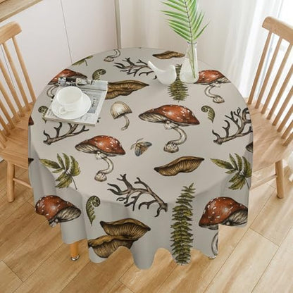 Vintage Woodland Mushroom Tablecloth, Nature Forest Plants Botanical Ferns Print Table Cloth for Farmhouse Kitchen Party Picnic Dinner Decor, 60x60in