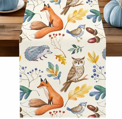 Fall Table Runner Autumn Animal Table Runners Harvest Thanksgiving Owl Bird Fox Leaves Cotton Linen Dresser Scarf Kitchen Dining Table Decor for Autumn Holiday Party Coffee 13x72 Inch