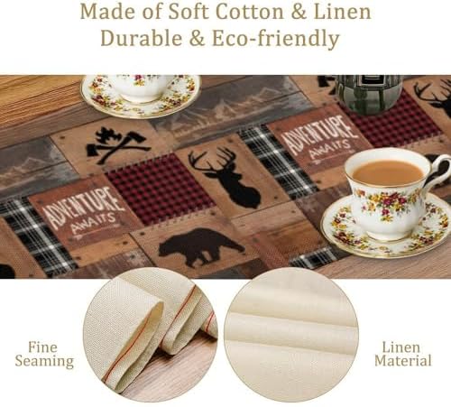 Rustic Cabin Moose Deer Bear Table Runner, Retro Bear Cottage Country Style Cabin Farmhouse Dinner Runner for Home Kitchen Dining Table Decoration 13"x90"
