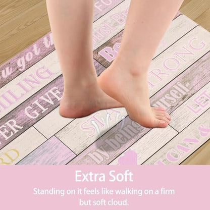 Inspirational Positive Quotes Kitchen Mats for Floor Pink Anti Fatigue Mats for Kitchen Floor Cushioned Waterproof Pink Kitchen Decor Set