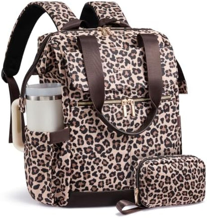 LOVEVOOK Laptop Backpack for Women with Giant Tumbler Holder, 15.6 Inch Work Laptop Bag with USB Port, Fashion Teacher Nurse Backpack Purse, Waterproof Travel Computer Backpack, 2PCS,Leopard