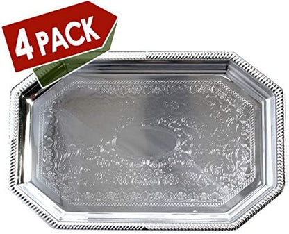 (Pack of 4) Elegant Floral Engraved Serving Tray Chrome Plated Steel Plate Platter Decorative Wedding Birthday Party Shiny Silver Color (Octagonal 20.1" x 13.8")