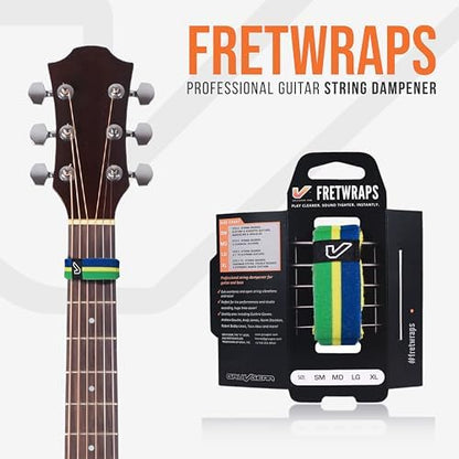 Gruv Gear Fret Wrap & Guitar Mute, Fretwrap for Acoustic, Electric & Bass | String Dampener Recording, Tapping & Practice Accessory (1 Pack, Small Green/Yellow/Blue, Fits 4 String Bass, 6 String