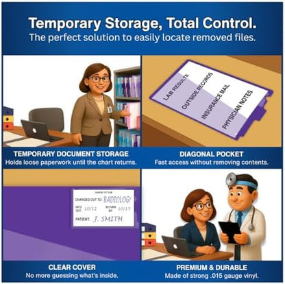 Doctor Stuff - Center Tab Vinyl Out Guides, Diagonal Cut Front Pocket, Top Charge Out Slip Pocket, Plastic File Folder, Letter Size 9" x 13-1/4", Purple, 100/Box