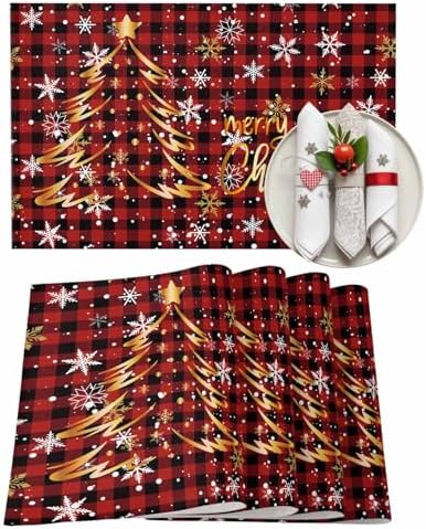 Merry Christmas Placemats Set of 4, Gold Xmas Tree Heat Resistant Washable Table Place Mats Red Black Buffalo Plaid Pattern Cotton Table Linens Party Holiday Decor for Kitchen Dining Outdoor Indoor