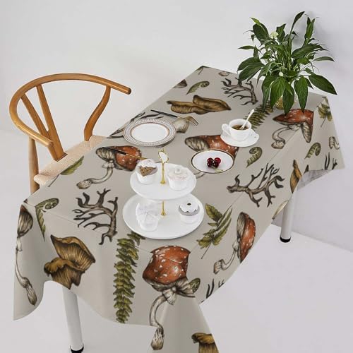 Vintage Woodland Mushroom Tablecloth, Nature Forest Plants Botanical Ferns Print Table Cloth for Farmhouse Kitchen Party Picnic Dinner Decor 55x55in