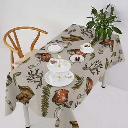 Vintage Woodland Mushroom Tablecloth, Nature Forest Plants Botanical Ferns Print Table Cloth for Farmhouse Kitchen Party Picnic Dinner Decor 55x75in