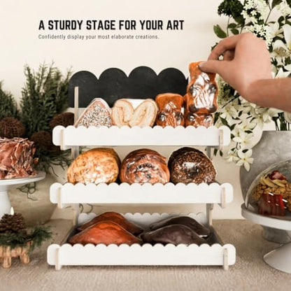 HOTCAN Wooden Cookie Display Stand with Chalkboard Sign for Bakers, Vendors, Craft Fairs | Pastry Display for Market Booths & Events | 3 Tiered Cookie Display for Muffins, Cakes, and Pastries (White)