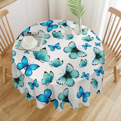 Blue Butterfly Tablecloth, Cute Animal Green Teal Butterfly Fantasy Wings Print Table Cover for Home Kitchen Outdoor Party Picnic Wedding Decor, 70x70in