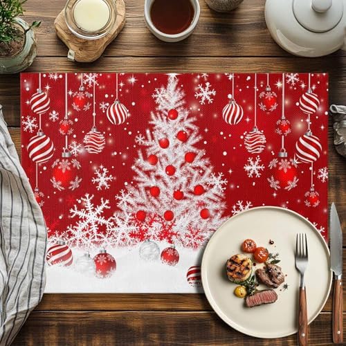 Red Christmas Placemats Set of 4, White Xmas Tree Snowflakes Red Balls Heat Resistant Washable Table Place Mats Winter Cotton Table Linens Party Holiday Decor for Kitchen Dining Outdoor Indoor