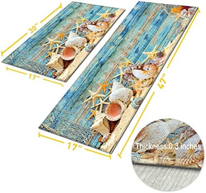 Beach and Nautical Kitchen Rugs for Floor 2 Piece Set, Wood Grain Ocean Coastal Beach Kitchen Rug, Nautical Kitchen Mat in Front of Sink for Standing for Kitchen Decor 17"X30"+17"X47"