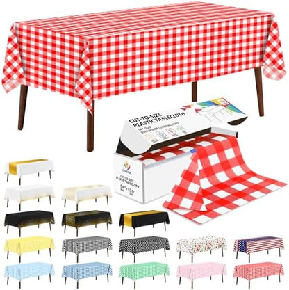 CXPSINC 54 Inch X 100 Feet Plastic Table Cover Roll Disposable Tablecloth with Slide Cutter for All Type/Shape Tables | Party, Banquet, Birthdays, Weddings(Red Checkered, 100 Feet)