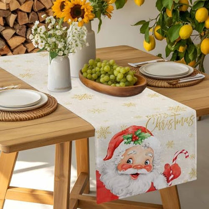 Merry Christmas Table Runner Dresser Scarf 13 x 108 Inch Red Santa Claus Leaf Winter Snowflake Linen Table Runners Non-Slip Heat Resistant Kitchen Dining Table Decor for Home Holidays Indoor Outdoor