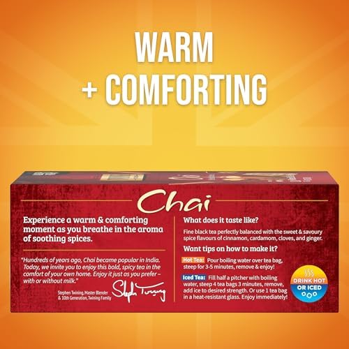 Twinings Chai Black Tea Individually Wrapped Bags, 100 Count (Pack of 1), Richly Blended with Warm Spices, Caffeinated, Enjoy Hot or Iced, 100 Teabags