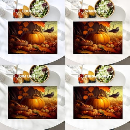 Batmerry Happy Thanksgiving Day Linen Placemats Set of 4, Pumpkin Harvest Turkey Rice Fields Washable Table Mats for Kitchen Table Thickened Heat Insulation Dining Set Indoor Outdoor 12X18 in