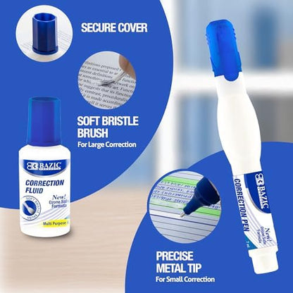 BAZIC PRODUCTS Correction Pen & Fluid Set, Metal Tip, White, 2 Pk, 2-Pack