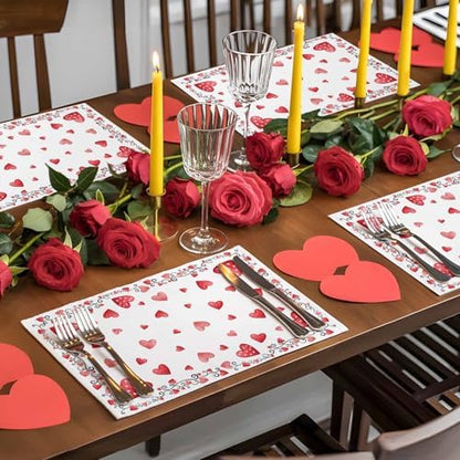 Valentine's Day Placemats Set of 4, Red Love Heart Place Mats Washable Dining Table Mats Wedding Anniversary Party Valentines Decor for Kitchen&Linens Outdoor Indoor, Romantic Pink White
