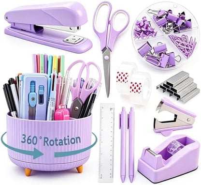 Gawsey Purple Desk Organizers and Accessories with Desk Organizer 360° Rotating Pen Holder and Office Supplies, Cute Stationery Supplies Set