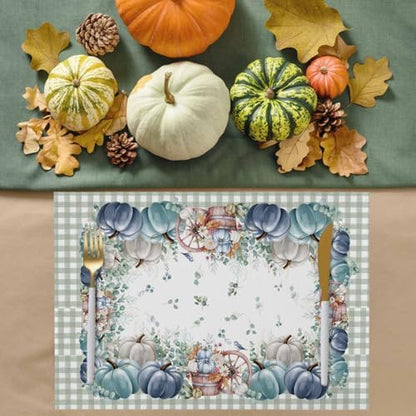 Fall Thanksgiving Placemats Set of 4, Navy Blue Pumpkins Green Eucalyptus Leaves Heat Resistant Washable Table Place Mats Sage Farmhouse Plaid Table Linens Decor for Home Kitchen Dining Outdoor Indoor