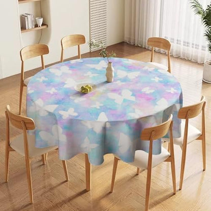 Rainbow Butterfly Tablecloth, Colorful Pink Blue White Butterflies Cartoon Print Table Cover for Farmhouse Kitchen Dining Room Table Decor, 70x70in