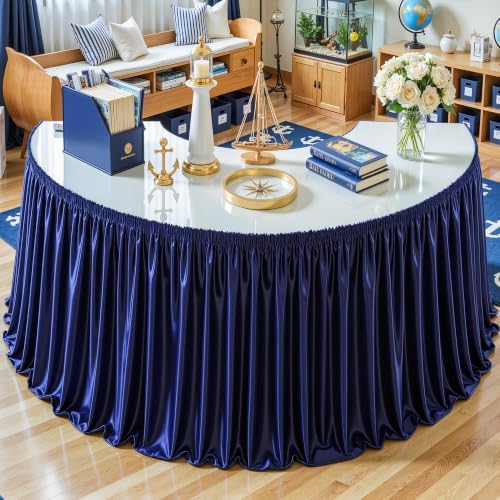 Wish Care 17ft Navy Blue Satin Long Table Skirt for Rectangle Tables Wrinkle Free Teacher Desk Skirt Glitter Ruffle Table Skirting Cloth for Back to School Classroom Office Birthday Party Table Decor