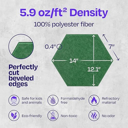 Acoustic Soundproof Wall Panels 12-Pack - 14"X12.1"X0.4" High Density Sound Dampening - Dark Green Hexagon