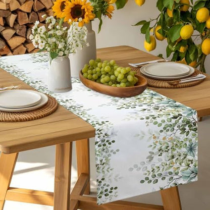 Green Eucalyptus Leaf Table Runner Dresser Scarf 13 x 120 Inch Farm Sage Green Orange Leaves Branch Table Runners Non-Slip Heat Kitchen Dining Tabletop Cover for Indoor Outdoor Home Party Decoration