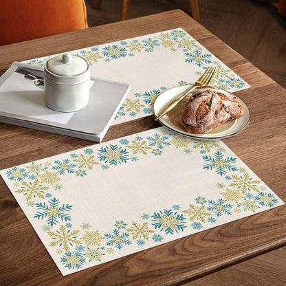 Gold Blue Snowflakes Christmas Placemat 1PC, Winter Xmas Holiday Heat Resistant Washable Table Place Mats Beige Cotton Table Linens Party Holiday Decor for Kitchen Dining Outdoor Indoor
