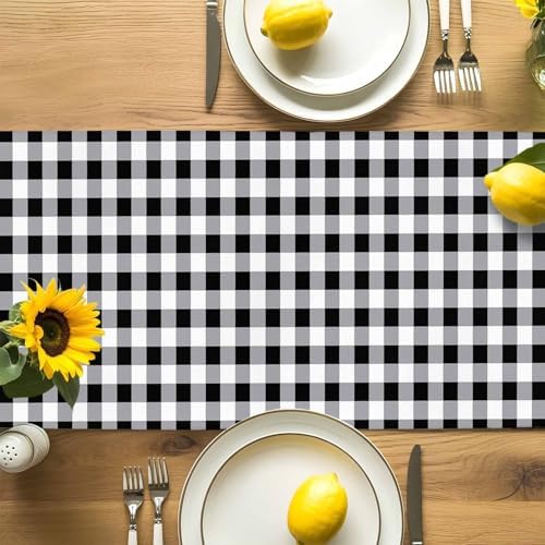 Farm Animals Chicken Table Runner Dresser Scarf 13 x 108 Inch Black White Buffalo Plaid Linen Table Runners Non-Slip Heat Resistant Kitchen Dining Table Decor for Home Holidays Indoor Outdoor