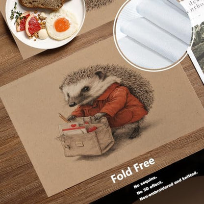 Batmerry Hedgehog Delivery Mail Placemats, Cute with Bag Washable Linen Table Mats for Kitchen Table Double Insulation Decor Dining Set Indoor Outdoor 12X18 in Set of 8