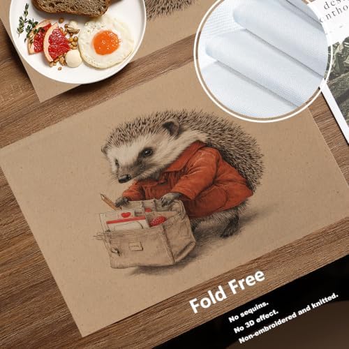 Batmerry Hedgehog Delivery Mail Placemats, Cute with Bag Washable Linen Table Mats for Kitchen Table Double Insulation Decor Dining Set Indoor Outdoor 12X18 in Set of 6